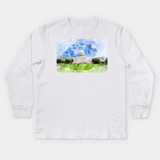 United States Capitol in Washington DC Watercolor - 01 Kids Long Sleeve T-Shirt